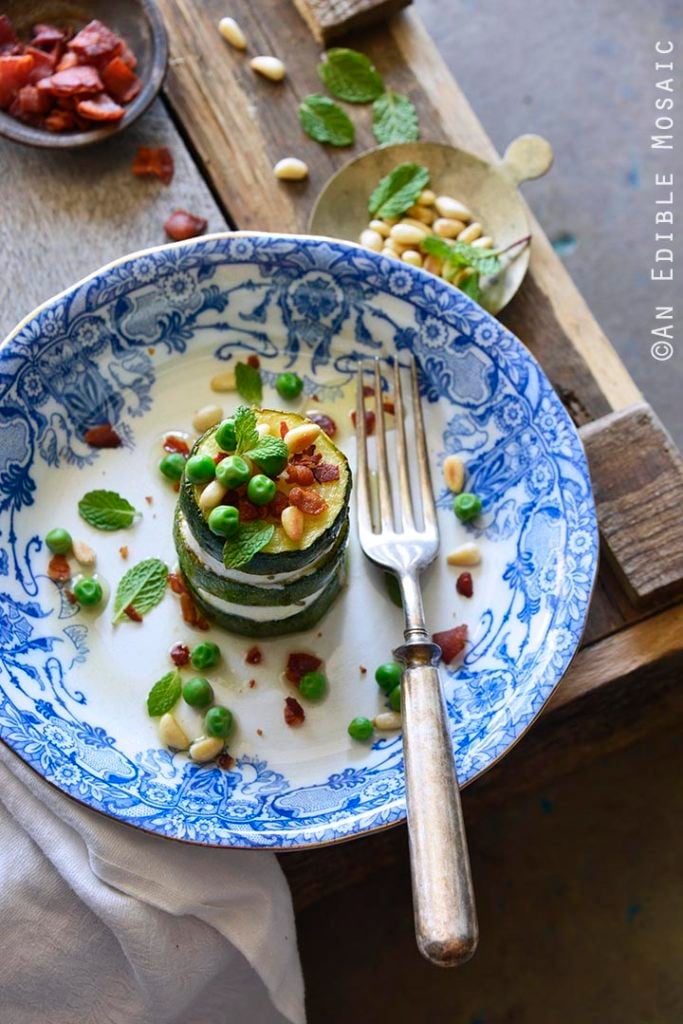 Zucchini-Stacks with goat cheese and fresh herbs and crispy prosciutto