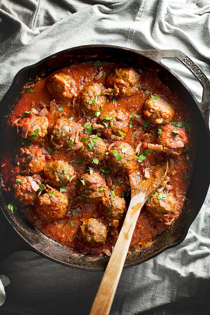 Keto Meatballs with Bacon Tomato Sauce
