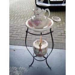 Old Fashioned Jug and Bowl set on wrought iron Stand