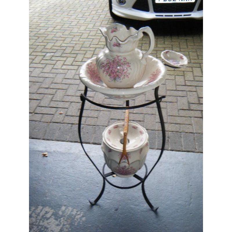 Old Fashioned Jug and Bowl set on wrought iron Stand