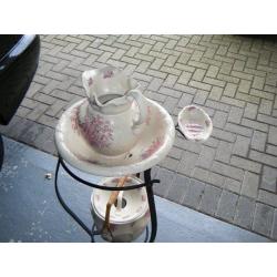 Old Fashioned Jug and Bowl set on wrought iron Stand