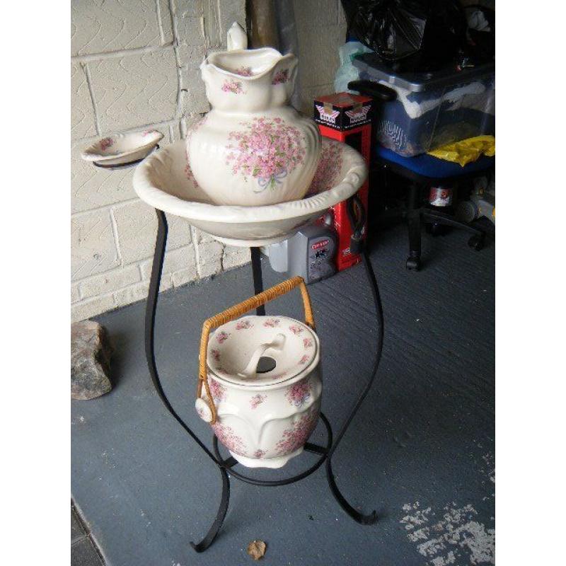 Old Fashioned Jug and Bowl set on wrought iron Stand