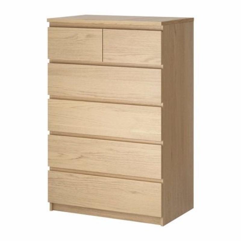 MALM Chest of 6 drawers, white stained oak veneer