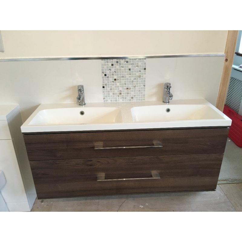 Roper Rhodes wall mounted double isocast basin / sink and double drawer smoked walnut unit